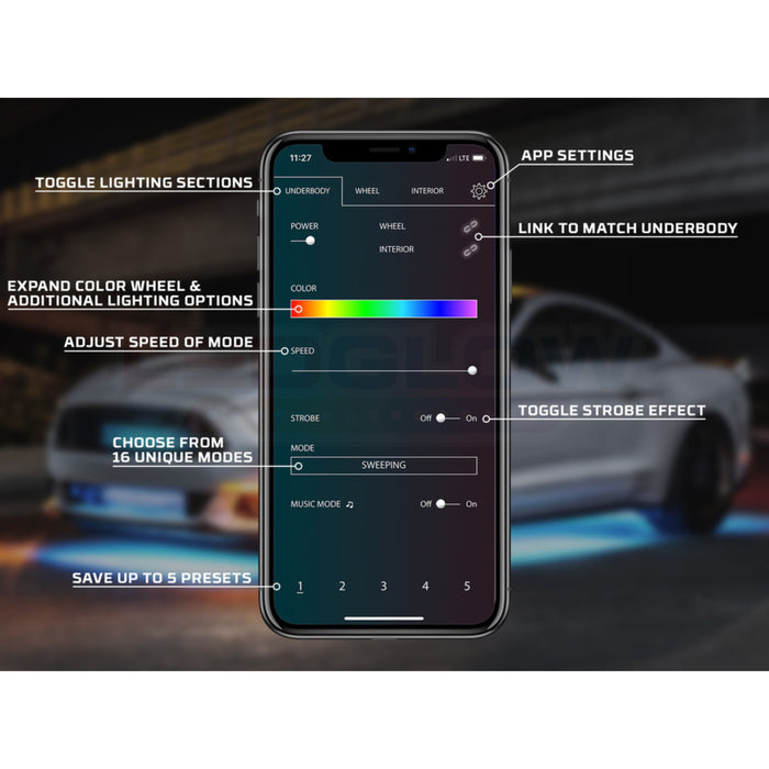 LEDGlow 8pc Million Color Bluetooth Car Underglow and Interior Lighting Kit