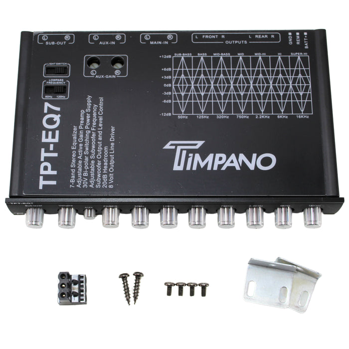 Timpano 7 Band 1/2 DIN 6-Channel 8-Volt RCA Graphic Equalizer Crossover TPT-EQ7