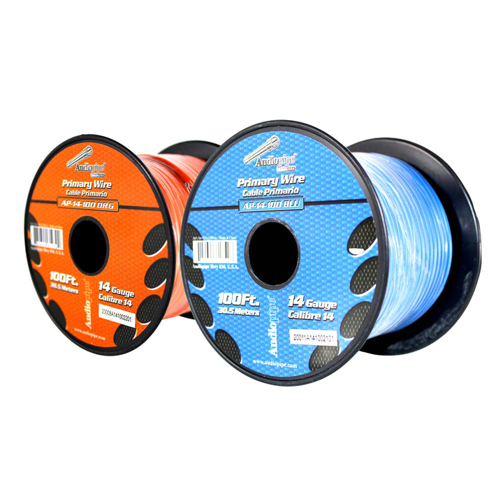 Audiopipe (2) 14ga 100ft CCA Primary Ground Power Remote Wire Spool Blue/Orange