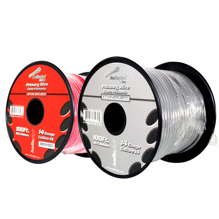 Audiopipe (2) 14ga 100ft CCA Primary Ground Power Remote Wire Spool Red & Gray