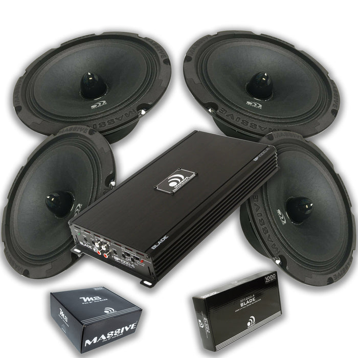 Massive Car Audio 8 Loud Speakers 1200W 8 Ohm With 4 Ch 2 Ohm Amplifier