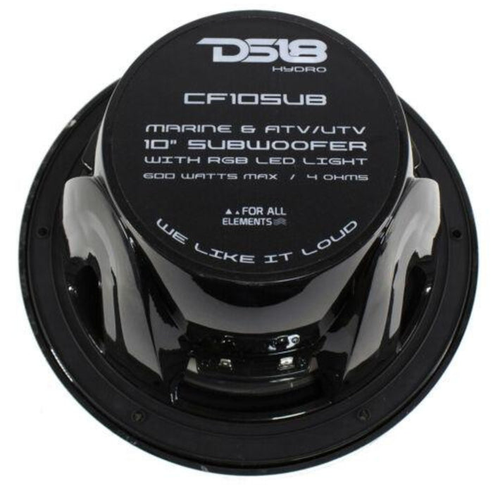 DS18 10" Marine Single Voice coil 4 Ohm 300W Subwoofer W/ LED RGB Lights CF10SUB