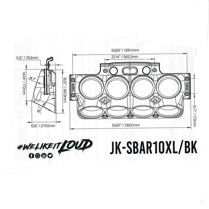 DS18 Jeep Wrangler JK JKU SBAR 10" Overhead Sound Bar System RGB JK-SBAR10XL/BK
