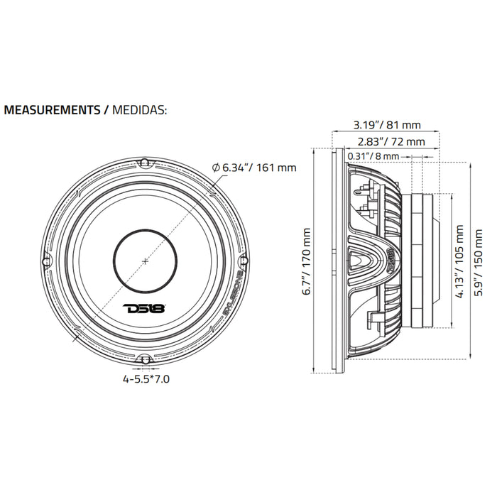 DS18 6.5" XL Series Neodymium Mid-Range Loudspeaker W/Bullet 325 Watts RMS 4 Ohm