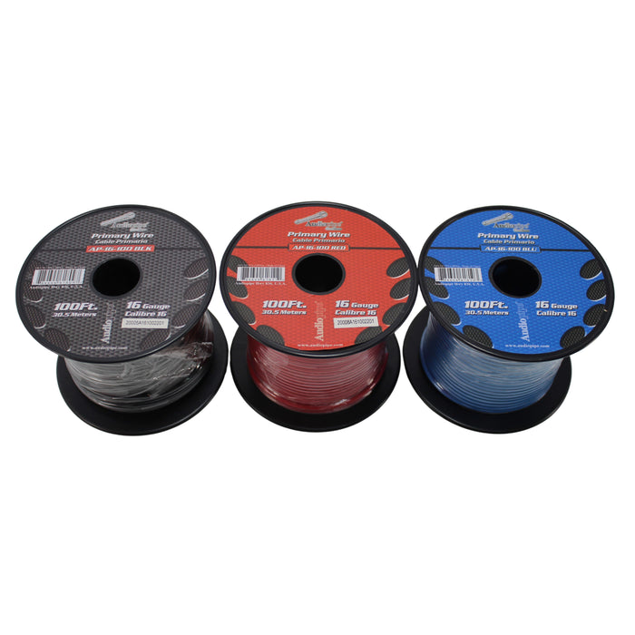 Audiopipe 3 Pack of 16 Ga 100 ft Spools CCA Primary Wire Red/Black/Blue