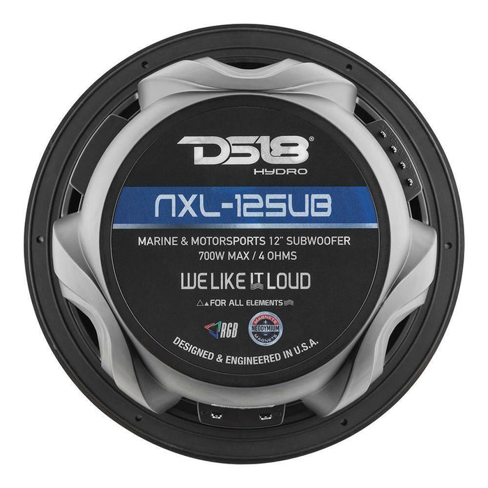 12" Black Marine Subwoofer Waterproof LED RGB 700W 4 Ohm DS18 NXL-12SUB-BK