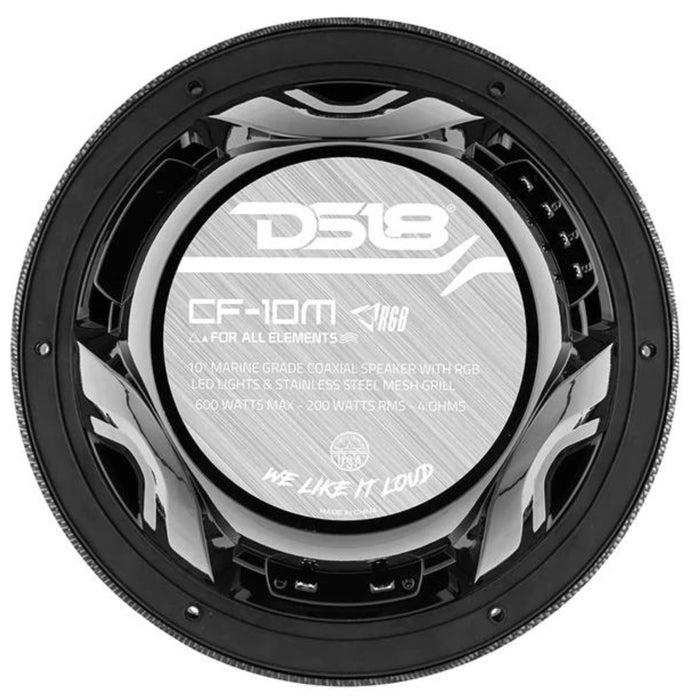 DS18 Pair of 10" Coaxial 200W RMS 4 Ohm Marine Speakers W/ LED RGB Lights CF-10M