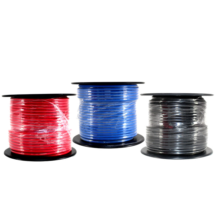 Audiopipe 3 Pack 14ga 100ft CCA Primary Ground Power Remote Wire Red/Black/Blue