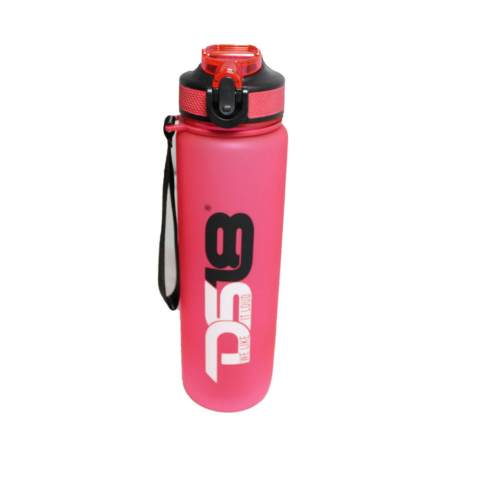 DS18 Red Plastic Water Bottle w/ Spring Loaded Lid, Carry Strap & Built In Straw