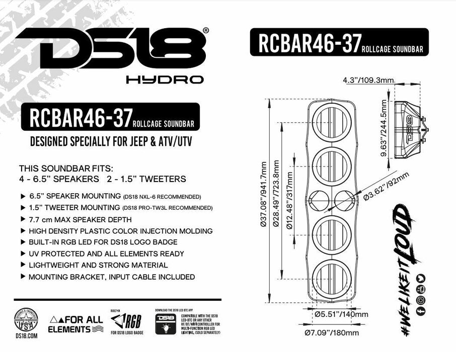 DS18 Universal Roll Cage Sound Bar RCBAR46-37