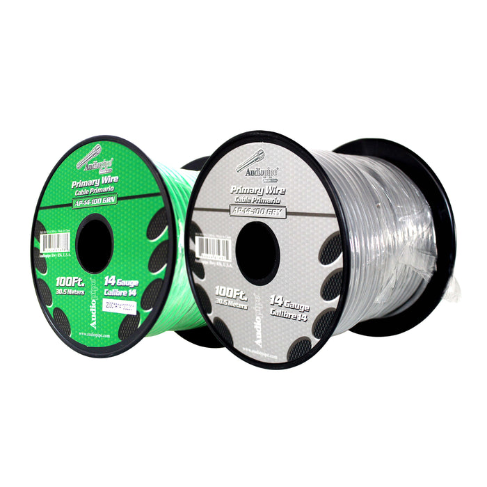 Audiopipe (2) 14ga 100ft CCA Primary Ground Power Remote Wire Spool Green/Gray