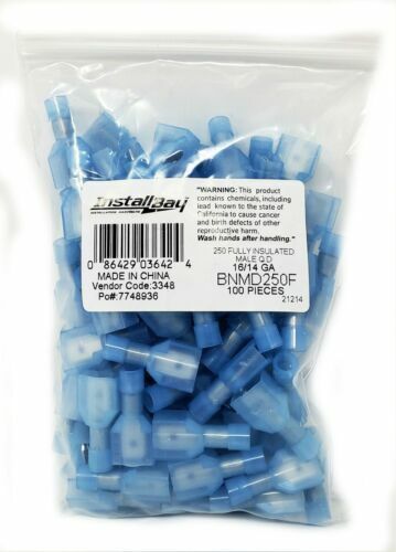 Install Bay 16-14 AWG Male Insulated Nylon Quick Disconnect 100pcs Blue BNMD250F
