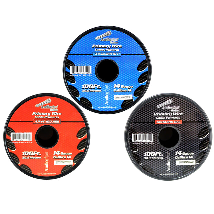 Audiopipe 3 Pack 14ga 100ft CCA Primary Ground Power Remote Wire Red/Black/Blue