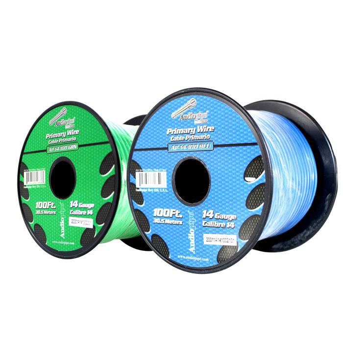 Audiopipe 2 Pack of 14ga 100ft CCA Primary Ground Power Remote Wire Blue/Green
