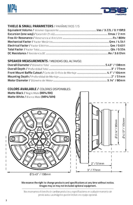 DS18 Hydro 4" 300 Watts 4 Ohm 2-Way Marine Speakers White Pair MP4