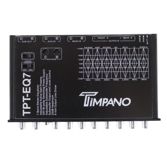 Timpano 7 Band 1/2 DIN 6-Channel 8-Volt RCA Graphic Equalizer Crossover TPT-EQ7