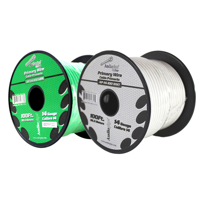 Audiopipe (2) 14ga 100ft CCA Primary Ground Power Remote Wire Spool Green/White