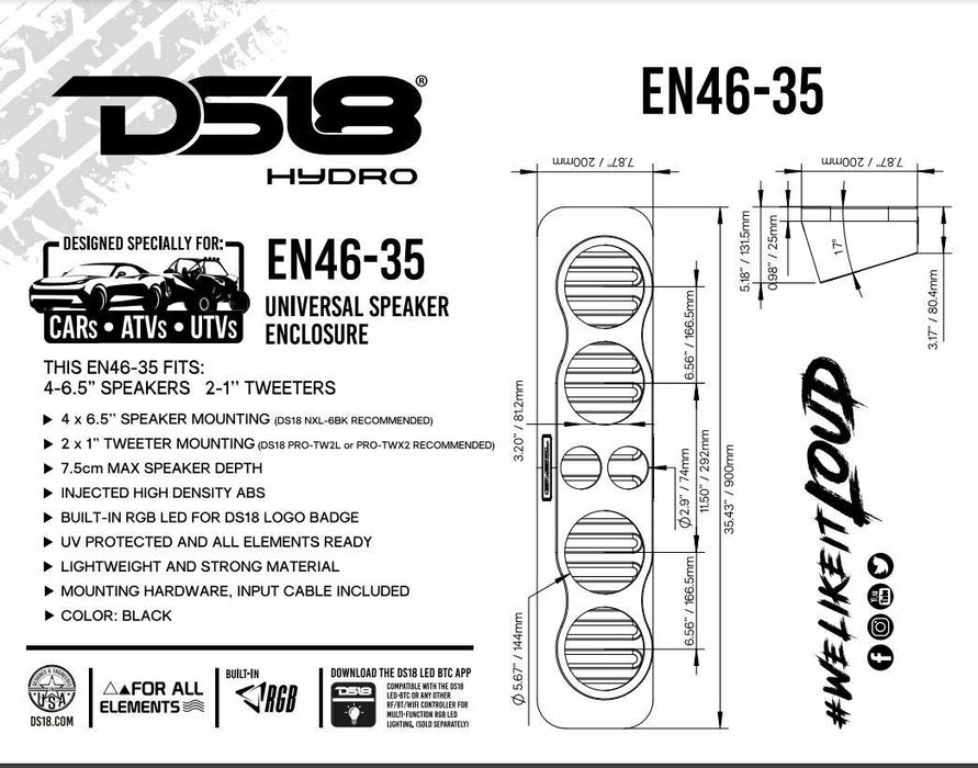 DS18 Hydro 6.5" Universal Speaker and Tweeter Element Ready Enclosure EN46-35