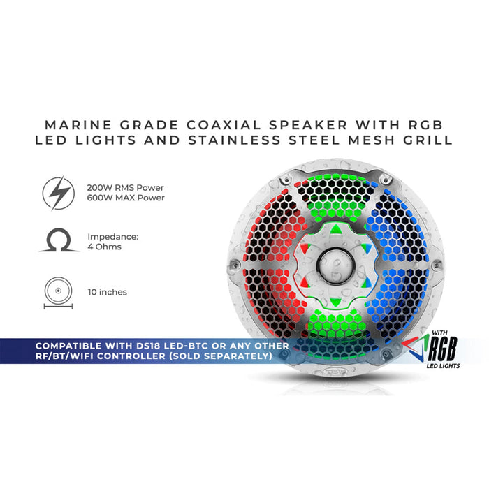 2x DS18 10" Marine Speakers 2-Way 1800W 4 Ohm /w Bullet Tweeter & RGB LED-White