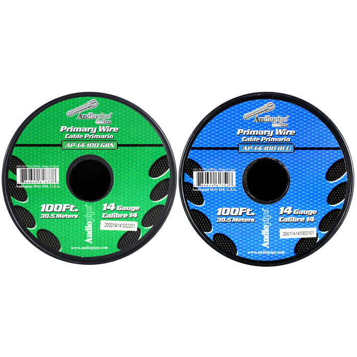 Audiopipe 2 Pack of 14ga 100ft CCA Primary Ground Power Remote Wire Blue/Green