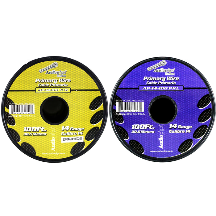 Audiopipe 2 Pack of 14ga 100ft CCA Primary Ground Power Remote Wire Purple/Yellow