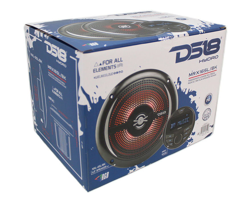 DS18 MRX16SL/BK Multimedia Marine Radio w/ 200W 4-Ohm 2 Way Slim Speaker Package