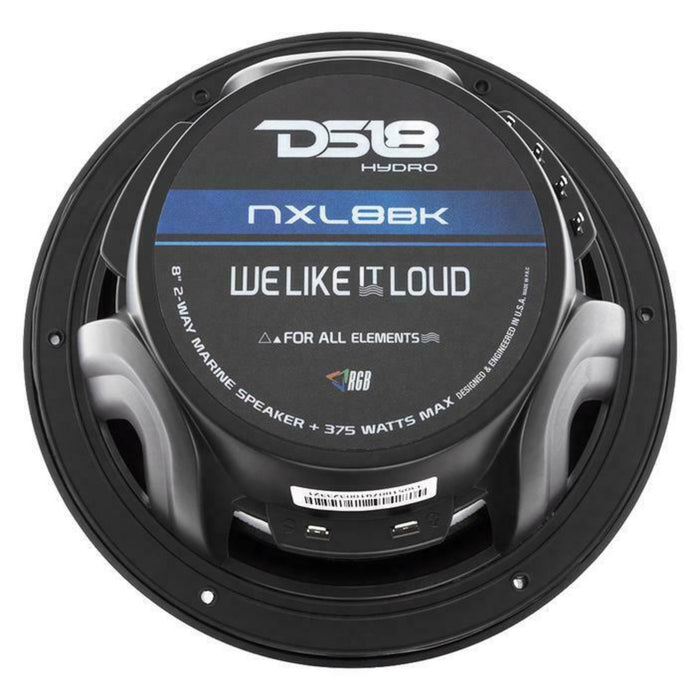 DS18 Pair 8" 750W 4 Ohm Marine Speakers Black Power Sport RGB LED NXL8BK